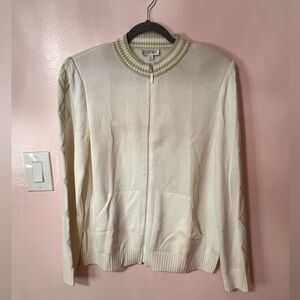 St. John Collection Cream Zip-Front Knit Cardigan with Pale Green Trim